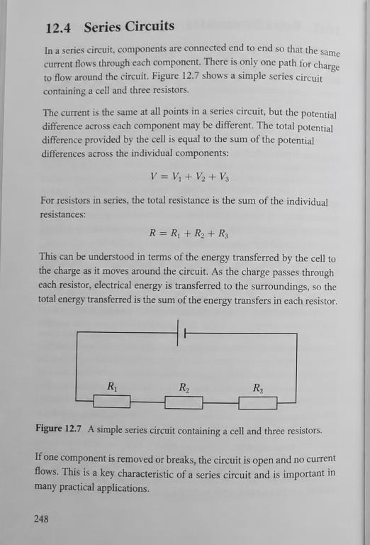 A dense, grey textbook page explaining series circuits in paragraphs and formulas